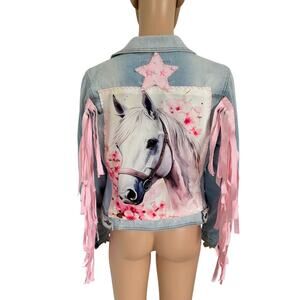 Upcycled Denim Jacket M Star Horse Art Fringe Western Boho Cowgirl Pink Blue